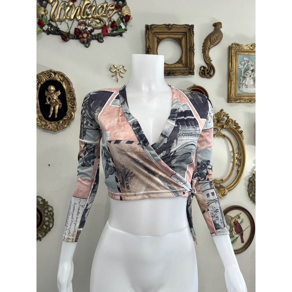 Vintage Cheryl Creations Butterfly Envelope Print Long Sleeve Wrap Crop Top Sz S